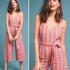 Ett:twa Anthropologie Women's Sleeveless Smock Belted Red Stripe Jumpsuit Size S